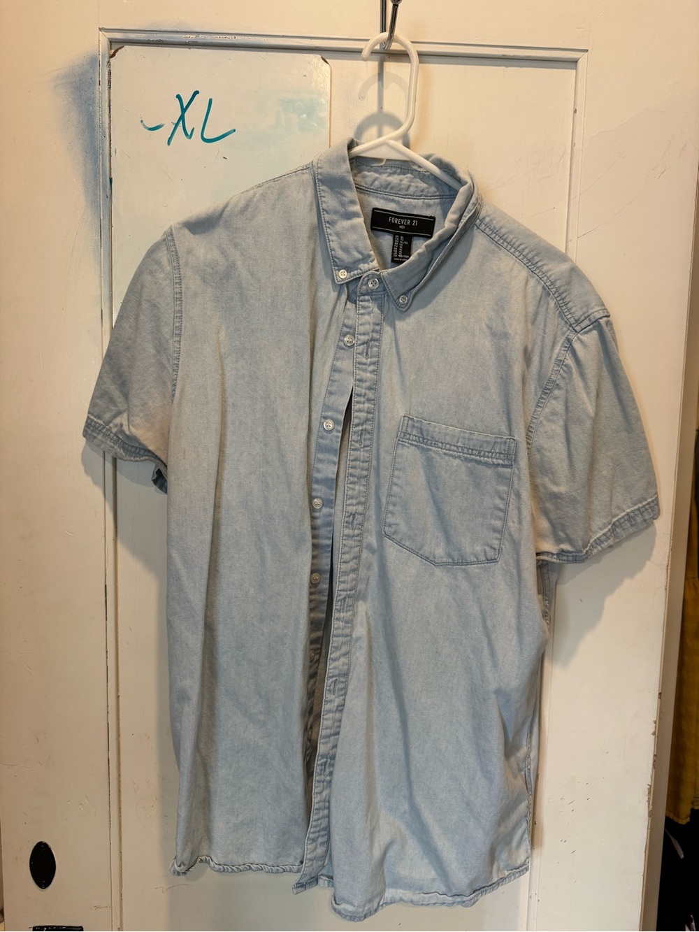 100% Cotton Light Wash Denim Short Sleeve Button-Down Shirt